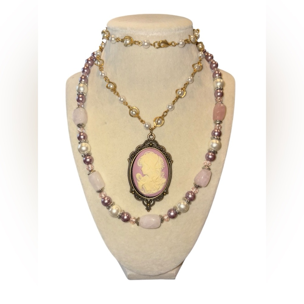 Lavender set of 2 necklaces, one gold tone and one silver. JB5
